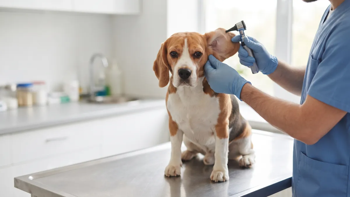 Beagle sitting on a veterinary exam table while a vet checks its ear