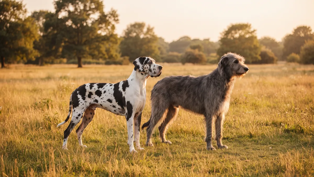 Harlequin Great Dane and grey Irish Wolfhound standing side by side in a grassy park at sunset