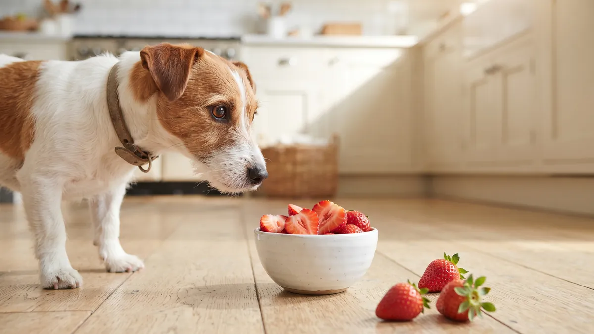 Jack Russell terrier looking at a white bowl of sliced strawberries on a kitchen floor