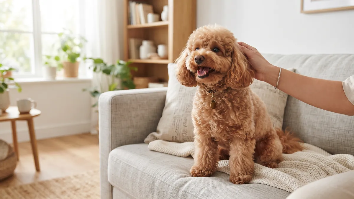 Fluffy apricot miniature poodle sitting on a light grey sofa while its owner pets it