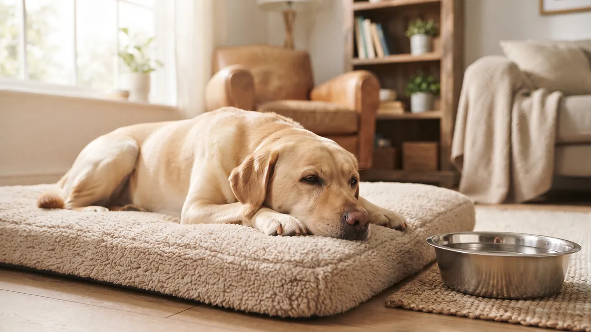 Yellow Labrador resting on a dog bed next to a water bowl